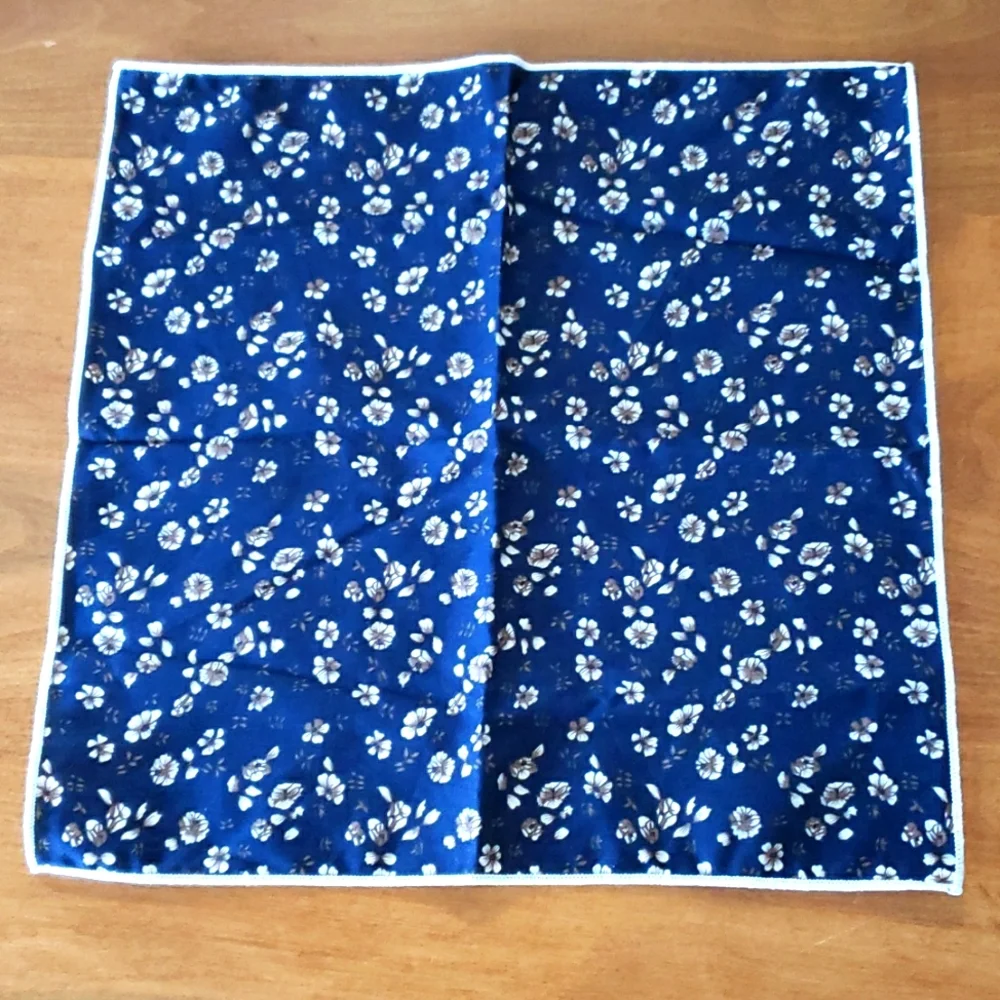 Floral cotton pocket square. Navy blue with white and brown flowers. - Picture 1 of 4